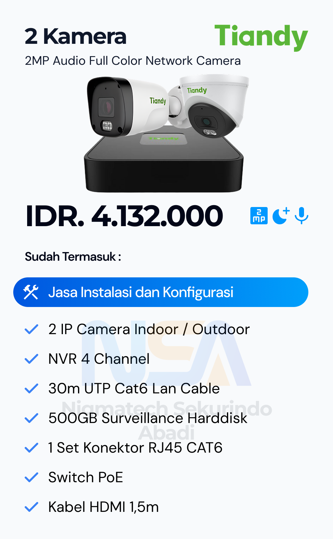 Paket CCTV Tiandy Audio Color 2MP