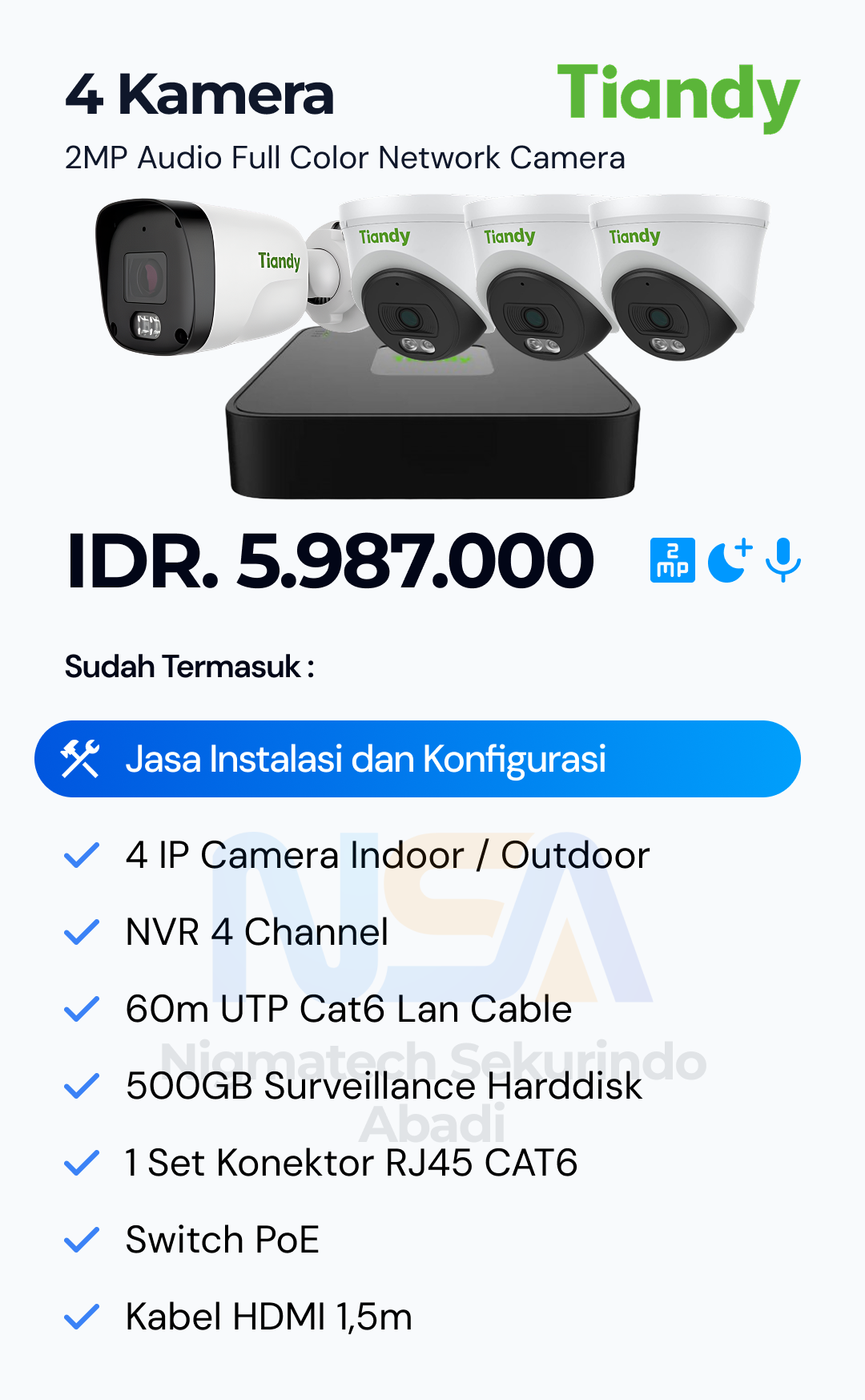 Paket CCTV Tiandy Audio Color 2MP